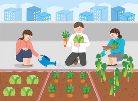 city people enjoying little farm_small farm at company rooftopのイラスト素材