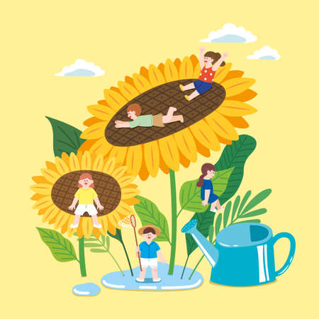 cute summer drawing poster with little people playing on sunflowerのイラスト素材