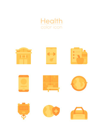 health, diet and fitness theme-orange and yellow colored flat icon setのイラスト素材