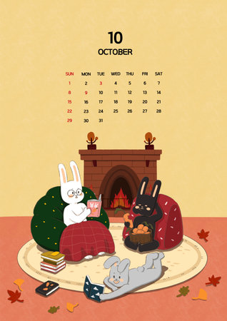 year 2023 theme cute rabbit characters illustration suitable for 12 months calendar-bonfire, reading a bookのイラスト素材