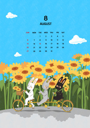 year 2023 theme cute rabbit characters illustration suitable for 12 months calendar-sunflower, riding a bikeのイラスト素材