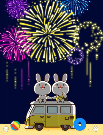 cute rabbit characters enjoying summer vacationの写真素材