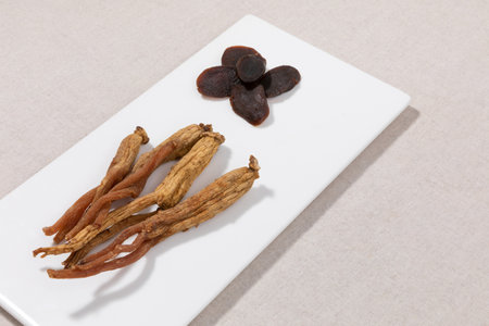 oriental, medicinal root plant, fresh ginsengの写真素材