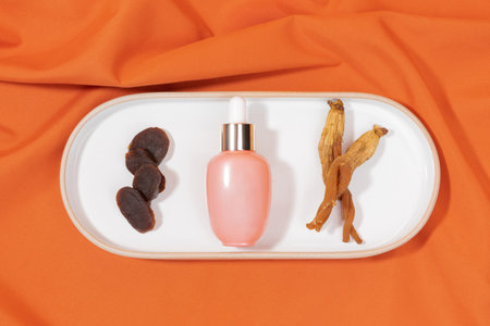 oriental ginseng background, herb medicinal cosmeticの写真素材