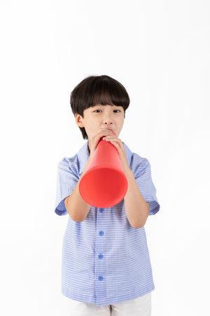 Korean young boy wearing summer blue half sleeve shirt in white background studio_shouting on the...