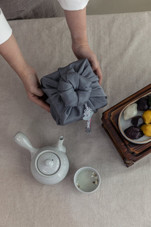 Korean traditional gift packaging with silk clothesの写真素材