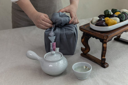 Korean traditional gift packaging with silk clothes