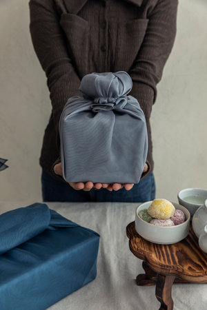 Korean traditional gift packaging with silk clothesの写真素材
