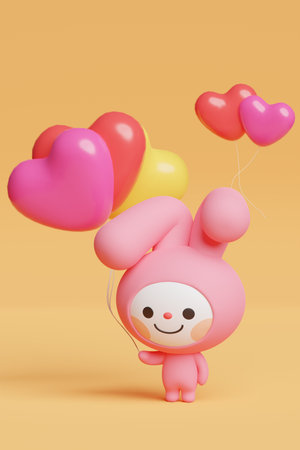 year 2023 themed_cute 3D graphic rendered rabbit character with balloonの写真素材