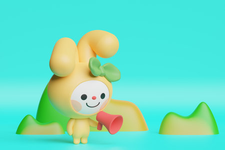 year 2023 themed_cute 3D graphic rendered rabbit character with loudspeaker