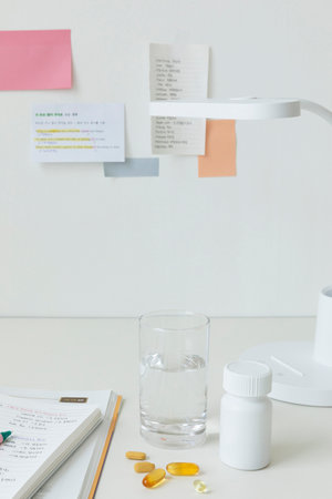 studying at home, study desk setup_taking supplements while studying