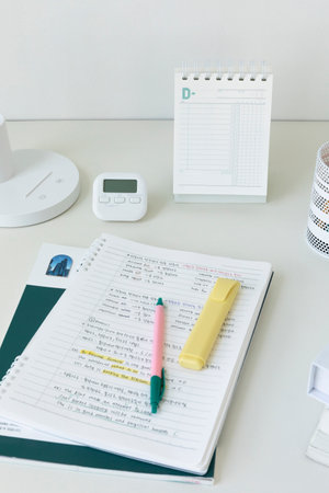 studying at home, study desk setup_timers, handwriting notes, and handwriting tools