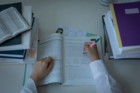 studying at home, study desk setup_stay up late studyingの写真素材