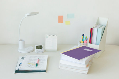 studying at home, study desk setup_the desk of the student taking the college entrance examの写真素材