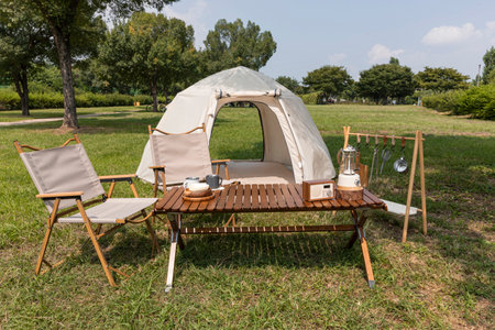 camping mood aesthetics_tents and camping gearの写真素材