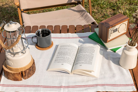 camping mood aesthetics_books and radioの写真素材