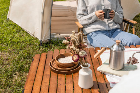 camping mood aesthetics_drinking coffeeの写真素材