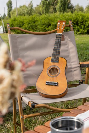 camping mood aesthetics_camping gear and ukuleleの写真素材