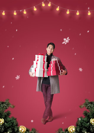 winter shopping sale event poster_Asian Korean man holding gift boxesの写真素材