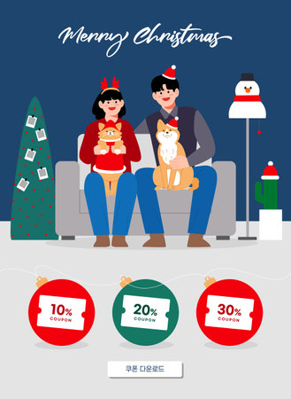 Christmas event coupon template with characters celebrating winter season in festive moodのイラスト素材