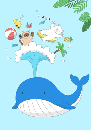 Vector illustration of whale and cats.のイラスト素材