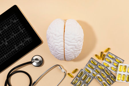 brain health and dementia series, brain miniature and stethoscope, a tablet, omega 3の写真素材