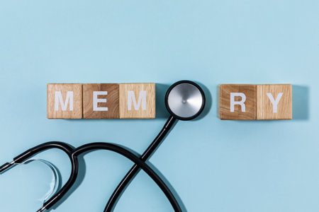 brain health and dementia series, memory written block and stethoscopeの写真素材