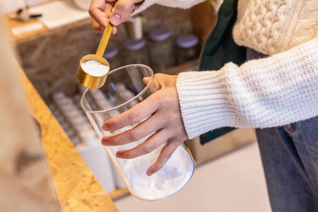 eco friendly habits hand gesture, refill powder detergentの写真素材