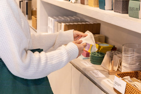 eco friendly habits hand gesture_visiting zero waste shopの写真素材