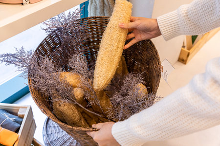 eco friendly habits hand gesture_zero waste shop product view shopの写真素材