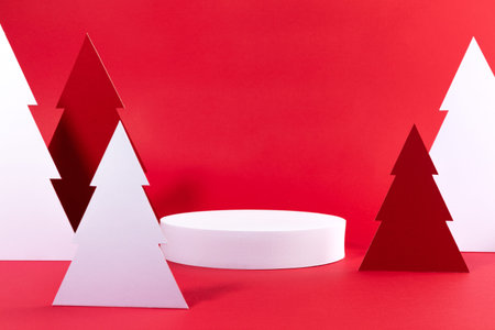 christmas decorations and display background_cirle tray and christmas treeの写真素材