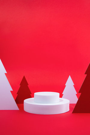 christmas decorations and display background_cirle tray and christmas treeの写真素材