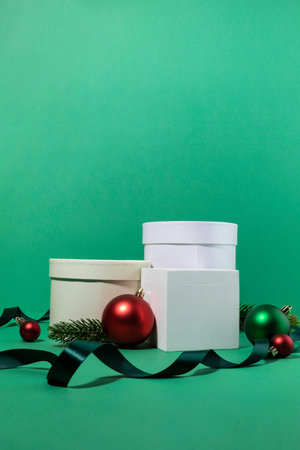 christmas decorations and display background_circle box, square tray, ribbonの写真素材