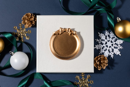 christmas decorations and display background_square tray and gold ornament