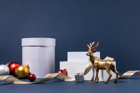christmas decorations and display background_circle box, square tray, gold ornamentの写真素材