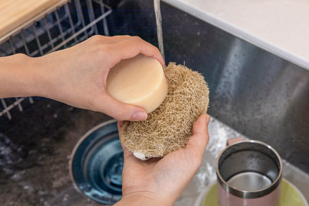 eco friendly habits hand gesture_using eco friendly sponge and dishwashing soapの写真素材