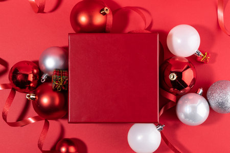 christmas decorations and display background_gift box and ribbon ornamentの写真素材