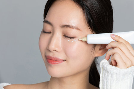 beautiful young Korean Asian woman portrait studio photo in winter skin beauty and cosmetics concept__use eye creamの写真素材