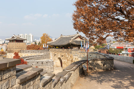 autumn landscape, scenery of Suwon Hwaseong in Koreaの写真素材