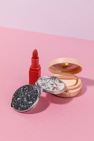 collection of korean traditional objects_mirrors and beauty products with traditional patternsの写真素材