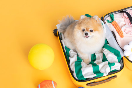 preparing for a trip with pet, a cute pomeranian dogの写真素材