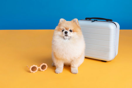 preparing for a trip with pet, a cute pomeranian dogの写真素材