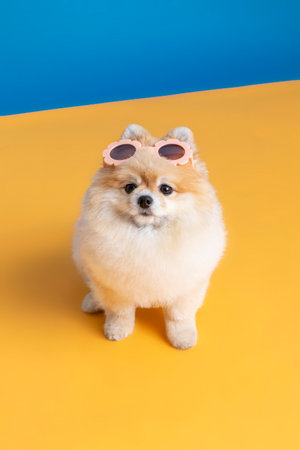 pomeranian dog and sunglassesの写真素材