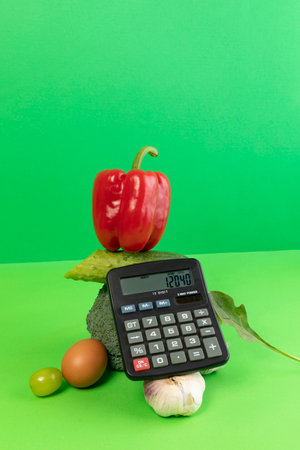 conceptual creative photo of monetary inflation, economic recession, crisis_vegetables and calculatorsの写真素材