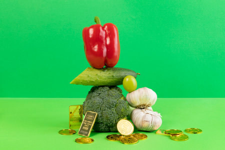 conceptual creative photo of monetary inflation, economic recession, crisis_vegetables and coinsの写真素材