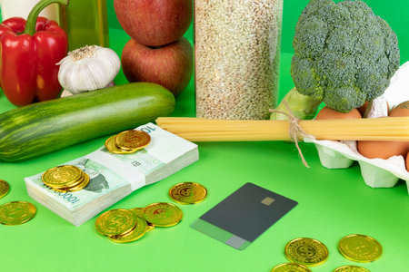 conceptual creative photo of monetary inflation, economic recession, crisis_food and cashの写真素材