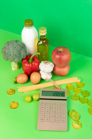 conceptual creative photo of monetary inflation, economic recession, crisis_groceries and calculatorsの写真素材