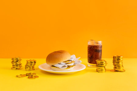 conceptual creative photo of monetary inflation, economic recession, crisis_hamburgers and piled coinsの写真素材