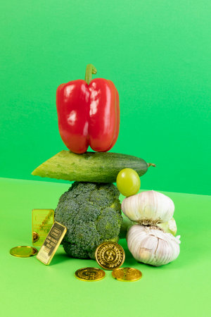 conceptual creative photo of monetary inflation, economic recession, crisis_vegetables and coinsの写真素材