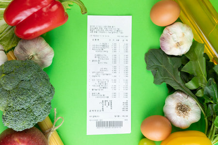 conceptual creative photo of monetary inflation, economic recession, crisis_vegetables and receiptsの写真素材